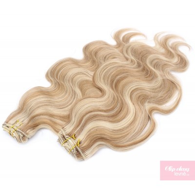 Wellige Clip In Maxi Set 53 cm Remy 100% Menschenhaar - helle Strähnchen