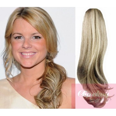 Clip-Pferdeschwanz/Zopf aus 100% Remy-Menschenhaar, 50 cm, wellig - platinum/hellbraun